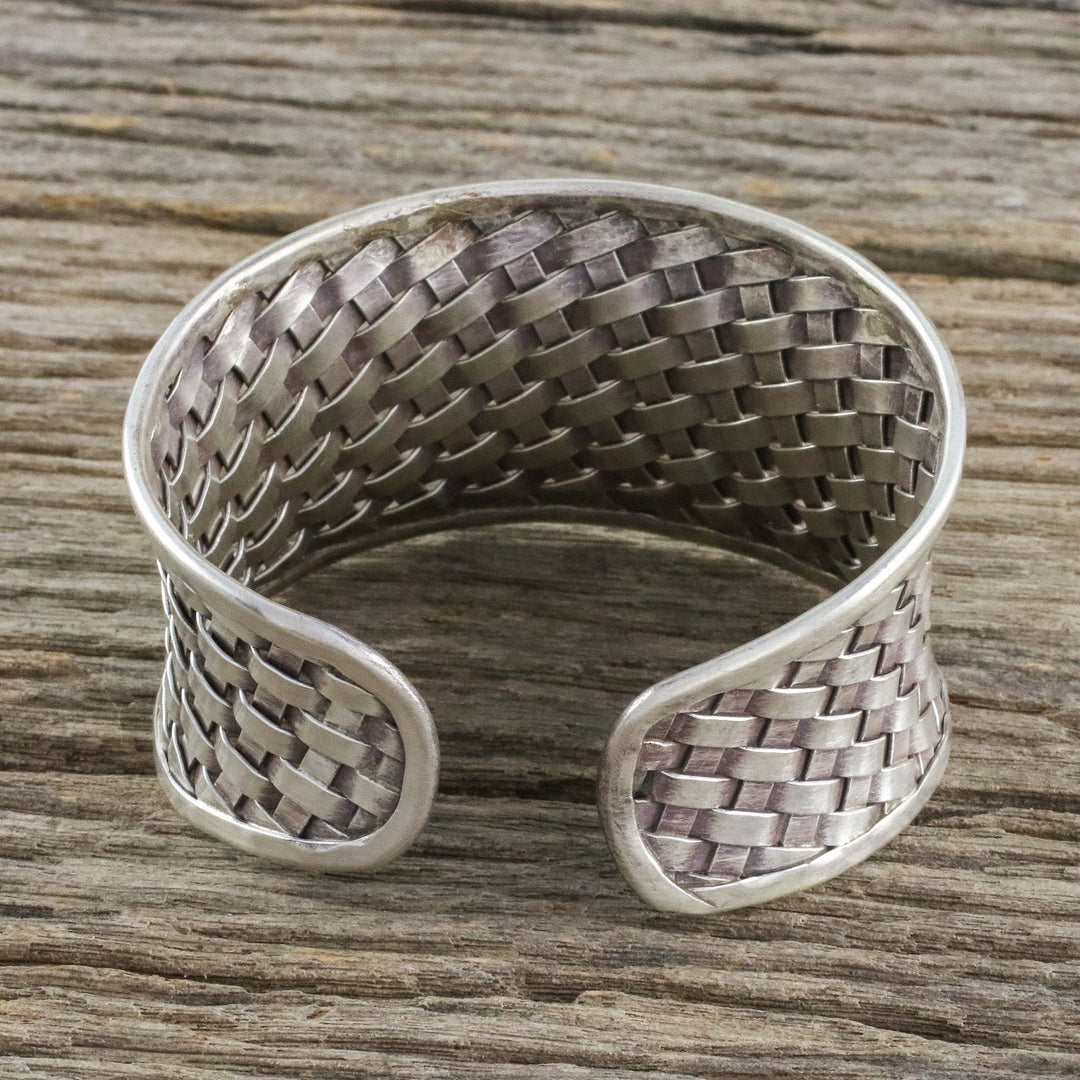 Woven Texture Sterling Silver Cuff Bracelet for Women - Basketwork