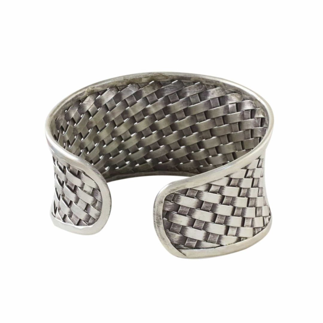 Woven Texture Sterling Silver Cuff Bracelet for Women - Basketwork