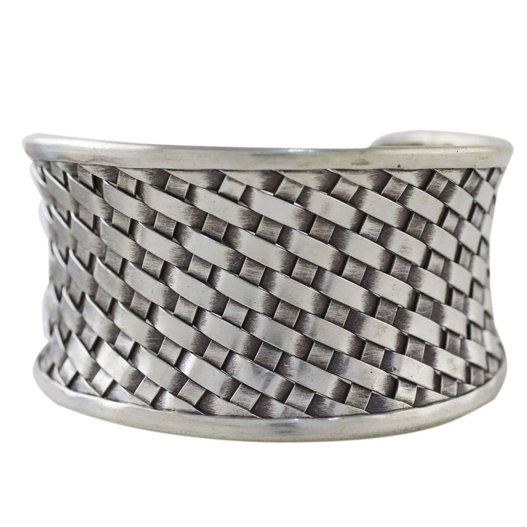 Woven Texture Sterling Silver Cuff Bracelet for Women - Basketwork