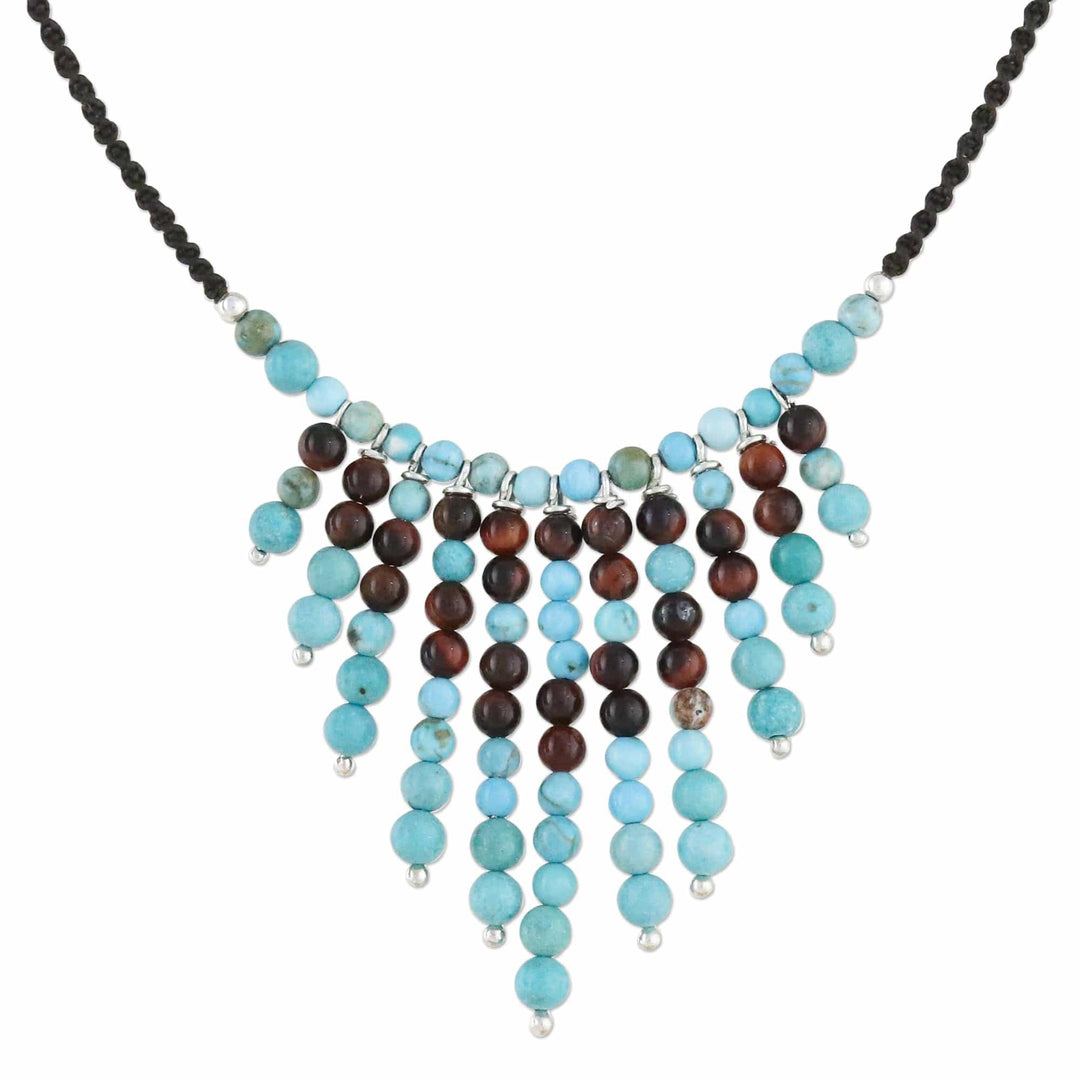 Beaded Blue and Brown Gemstone Waterfall Necklace - Waterfall Bliss