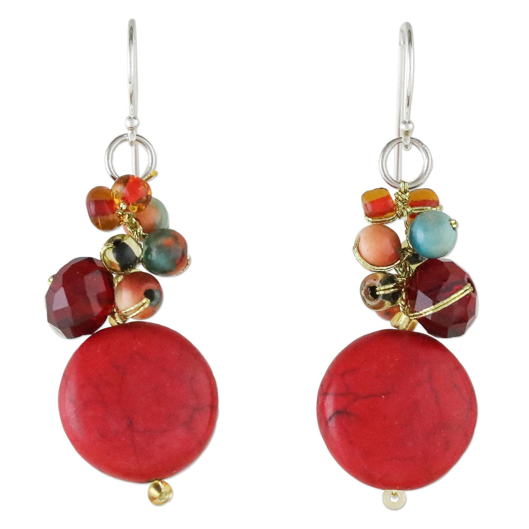 Red Calcite and Glass Bead Dangle Earrings from Thailand - Red Circles