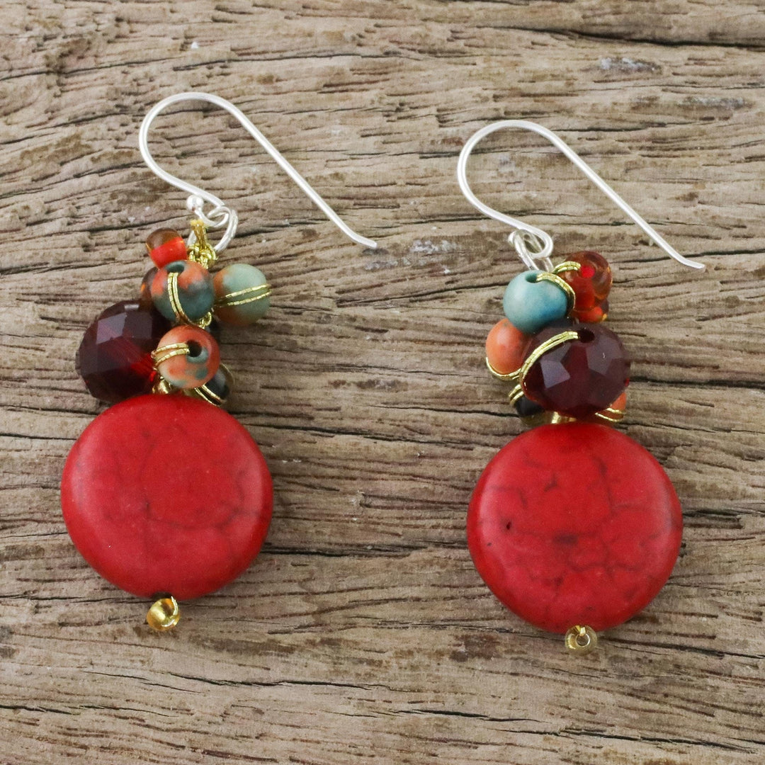 Red Calcite and Glass Bead Dangle Earrings from Thailand - Red Circles