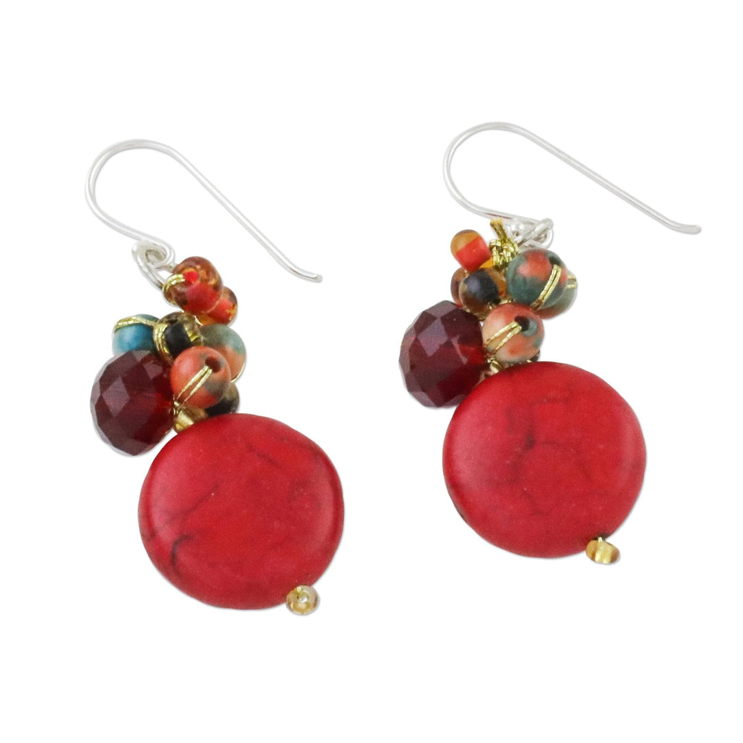 Red Calcite and Glass Bead Dangle Earrings from Thailand - Red Circles