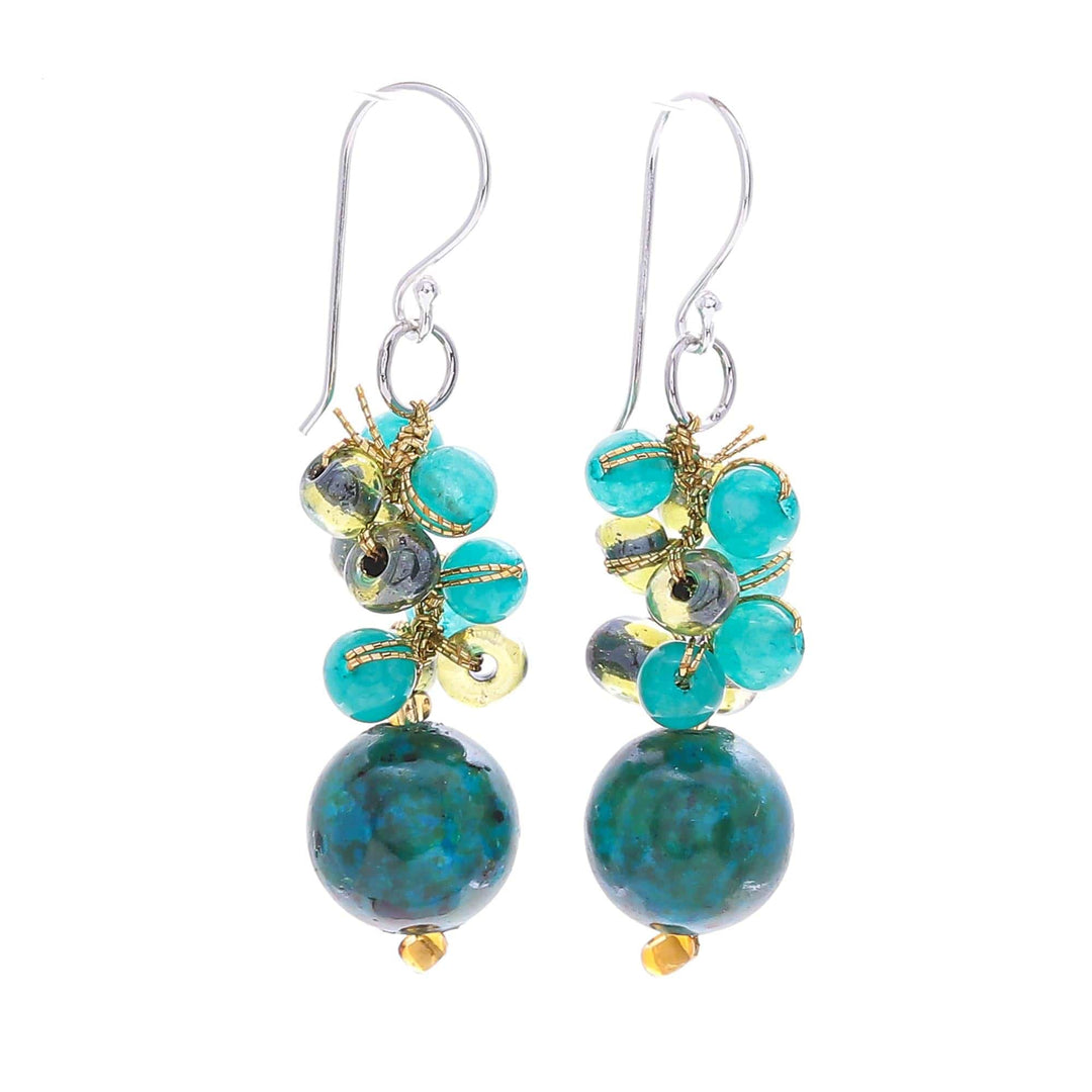 Serpentine and Quartz Dangle Earrings from Thailand - Fun Circles in Teal