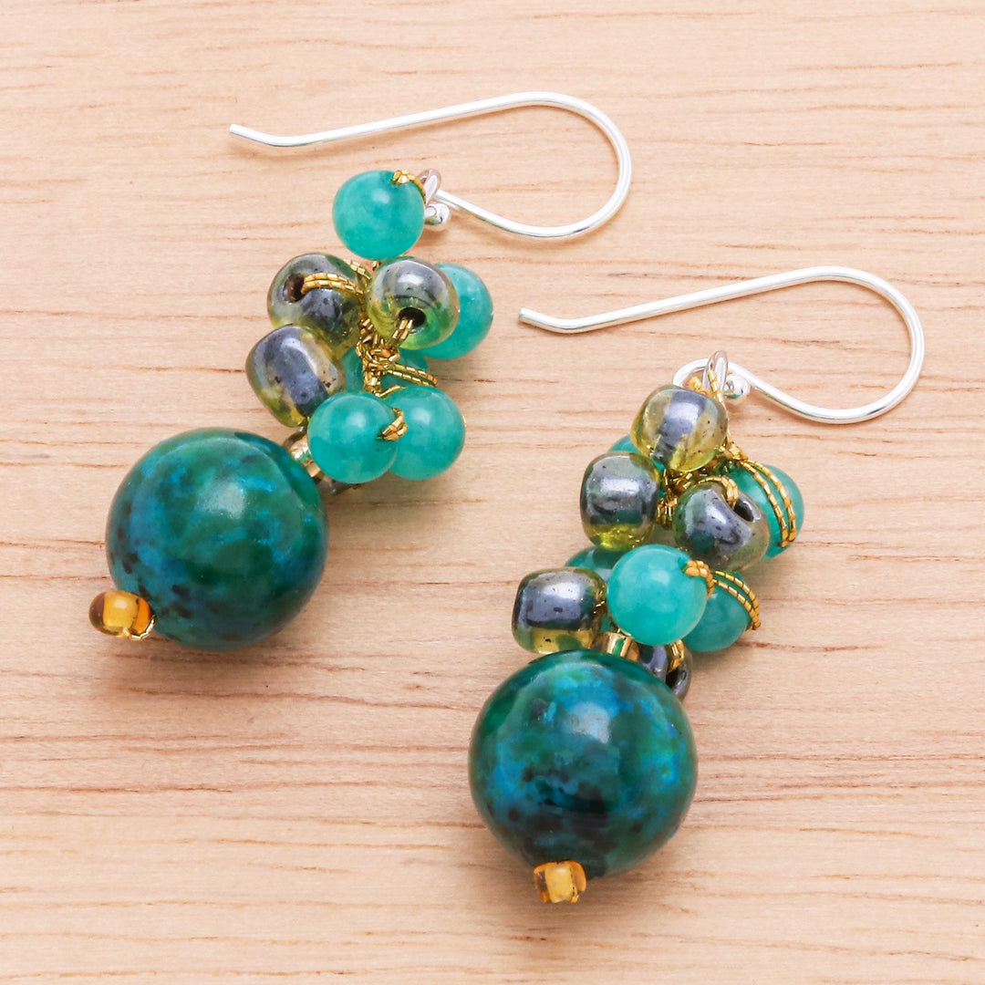 Serpentine and Quartz Dangle Earrings from Thailand - Fun Circles in Teal