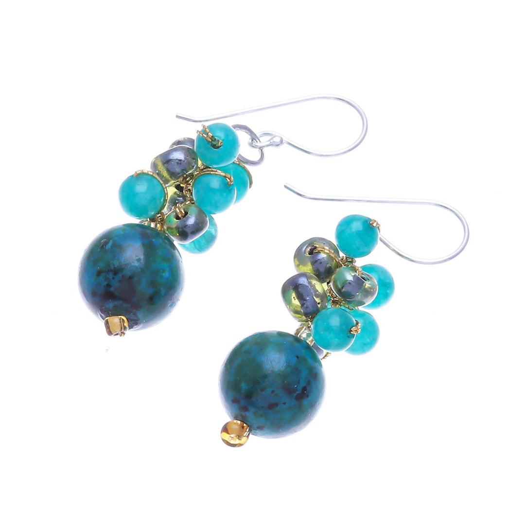 Serpentine and Quartz Dangle Earrings from Thailand - Fun Circles in Teal