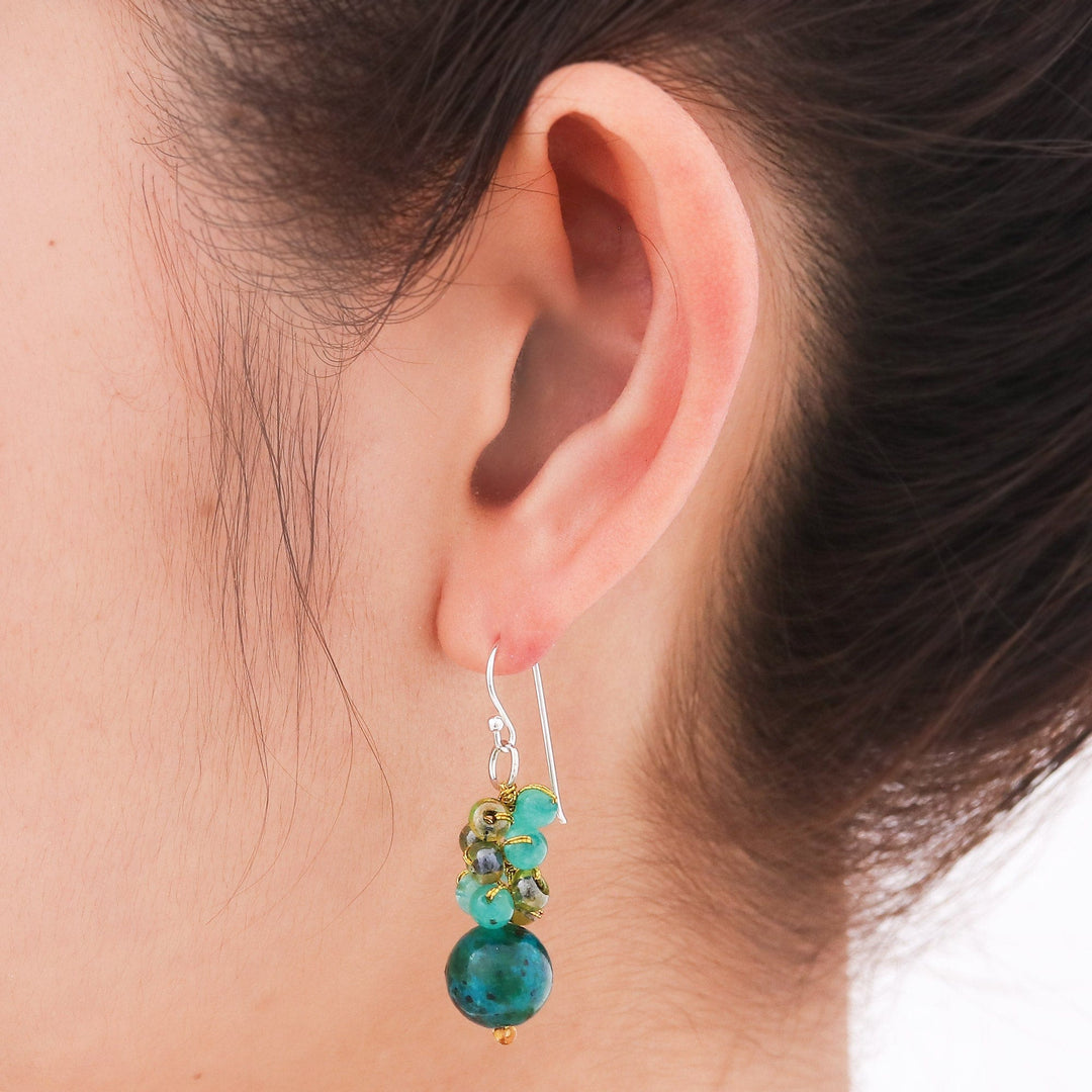 Serpentine and Quartz Dangle Earrings from Thailand - Fun Circles in Teal