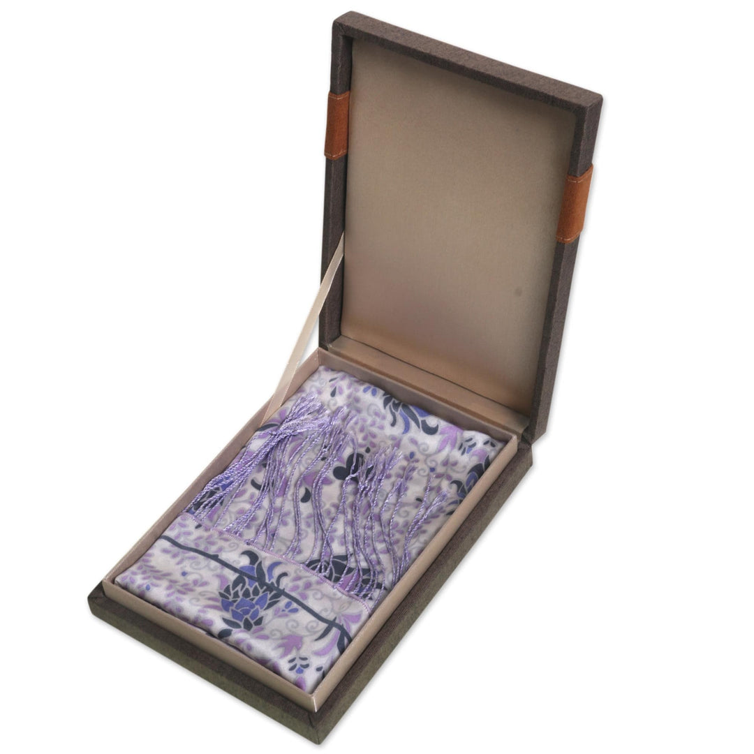 Lavender Floral Silk Scarf with Fringe and Wood Gift Box - Mystic Tundra