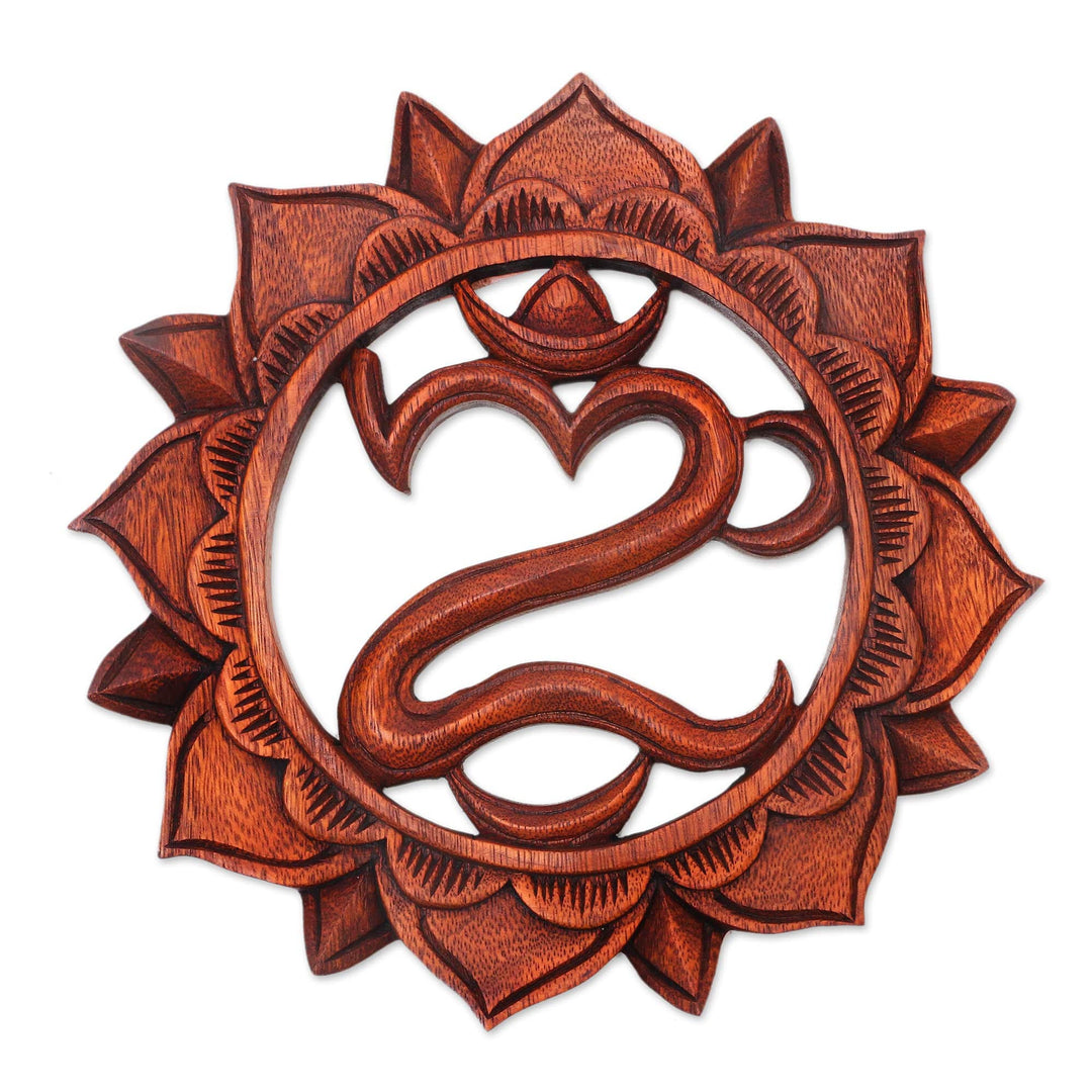 Hand-Carved Floral Om Suar Wood Relief Panel from Bali - Lotus Omkara