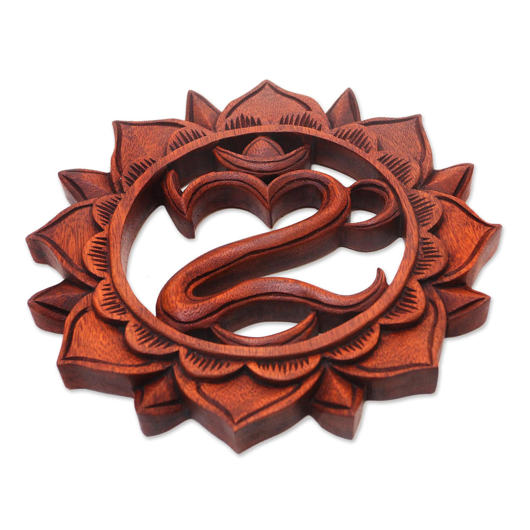Hand-Carved Floral Om Suar Wood Relief Panel from Bali - Lotus Omkara