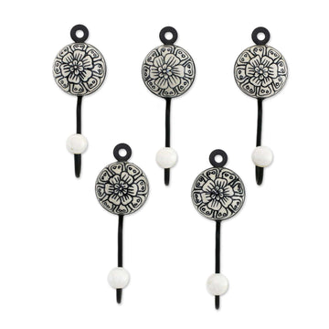 Five Floral Ceramic Coat Hooks in Black from India - Floral Muse in Black