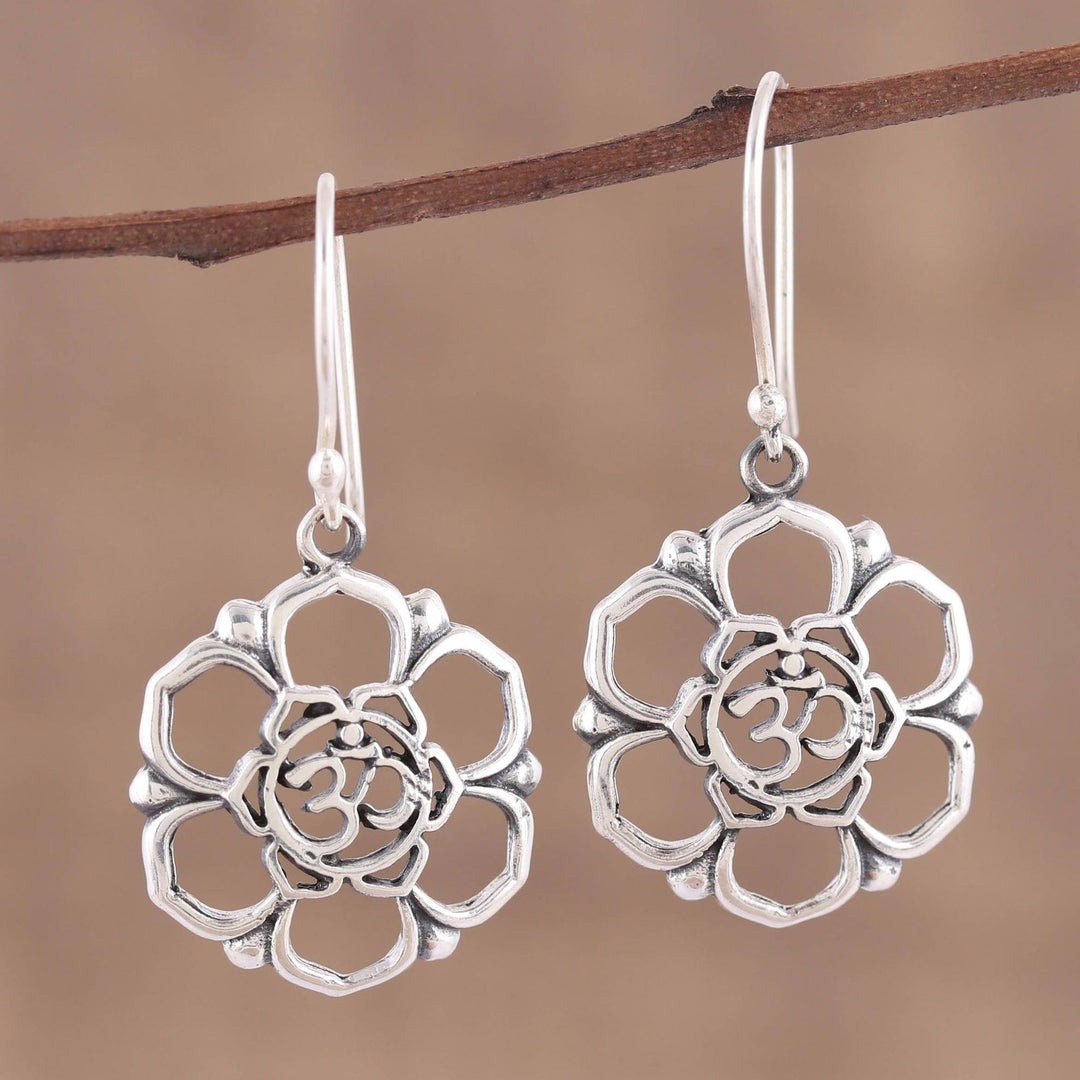 Sterling Silver Floral Om Symbol Dangle Earrings - Floral Om