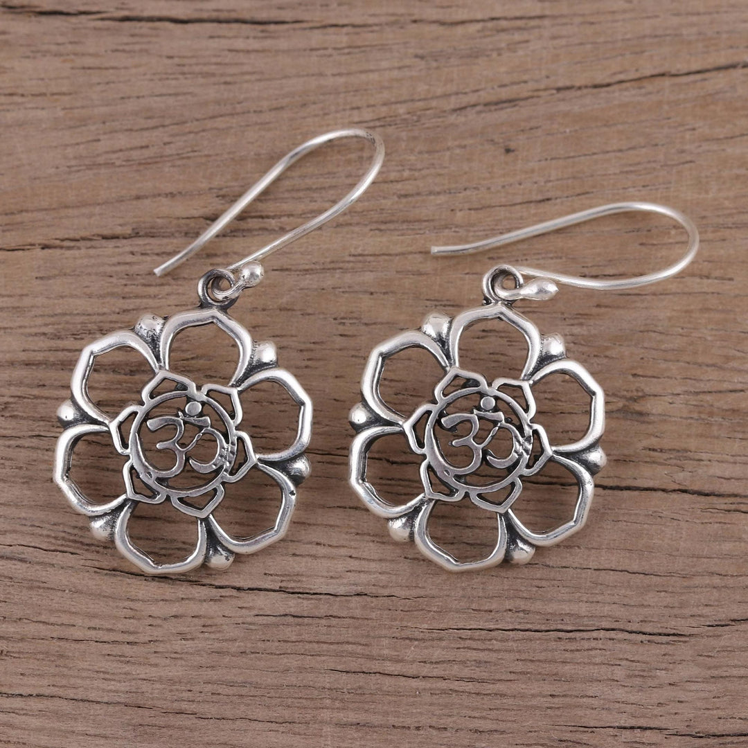 Sterling Silver Floral Om Symbol Dangle Earrings - Floral Om