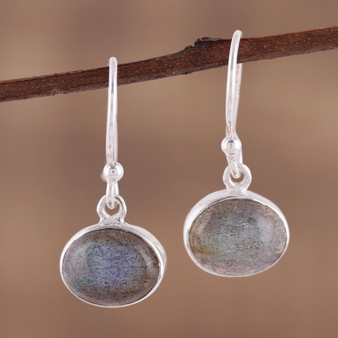 Sterling Silver Hook Earrings with Labradorite Cabochons - Dark Aurora