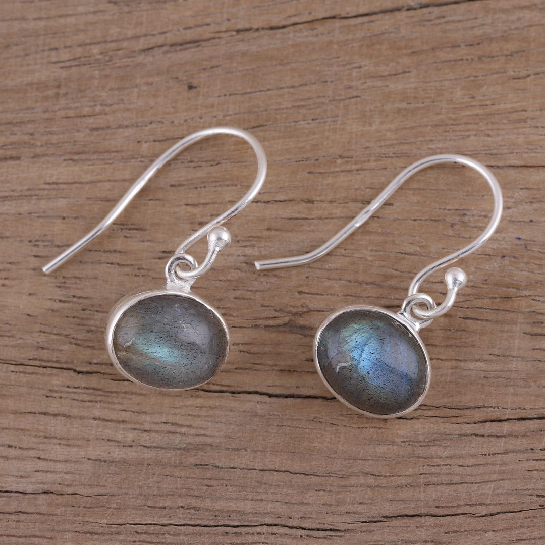 Sterling Silver Hook Earrings with Labradorite Cabochons - Dark Aurora