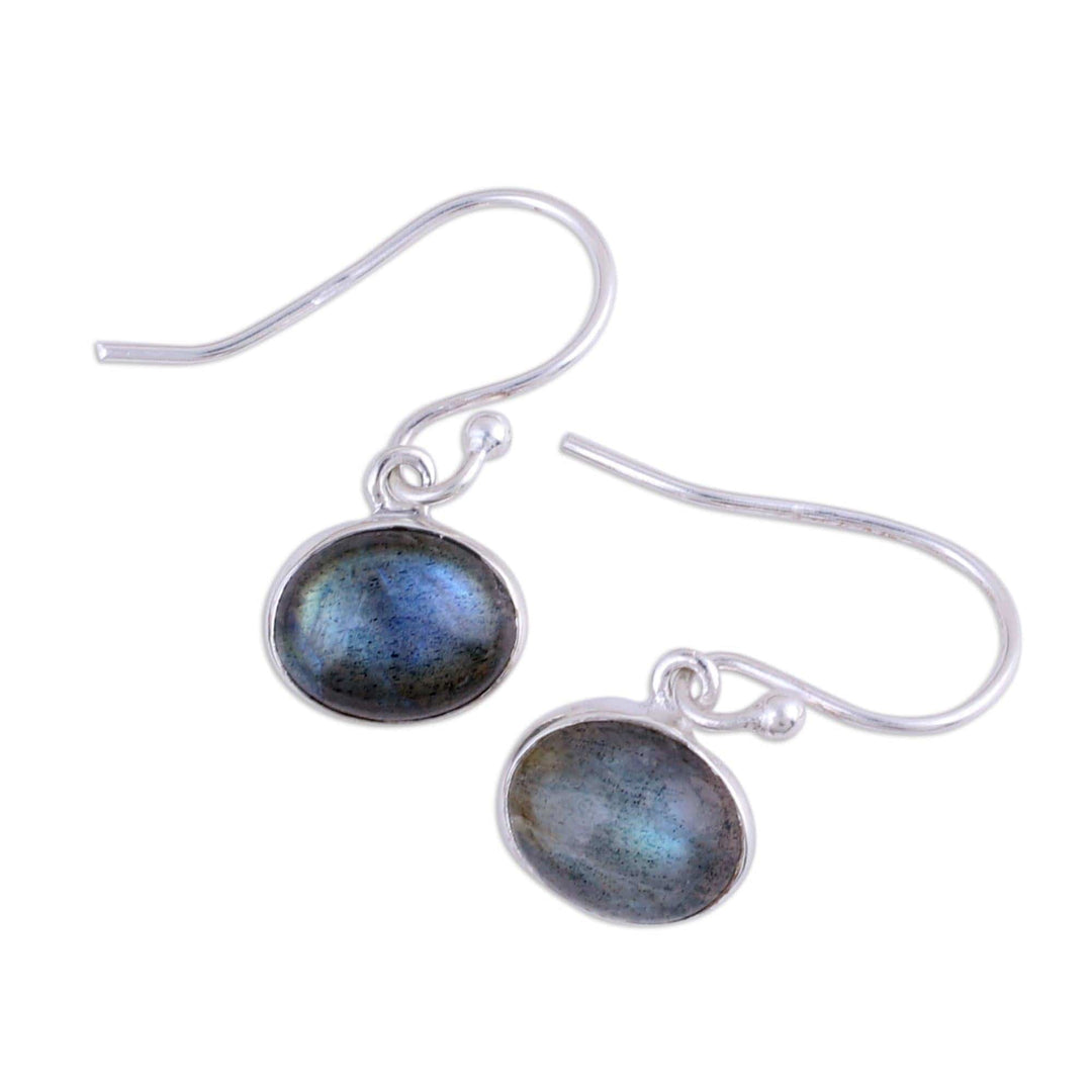 Sterling Silver Hook Earrings with Labradorite Cabochons - Dark Aurora