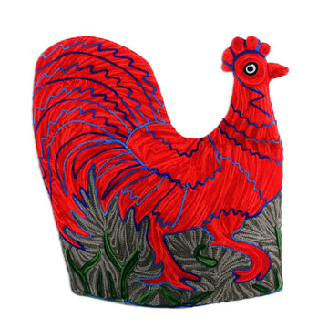 Indian Chain Stitched Wool and Cotton Red Rooster Tea Cozy - Morning Rooster