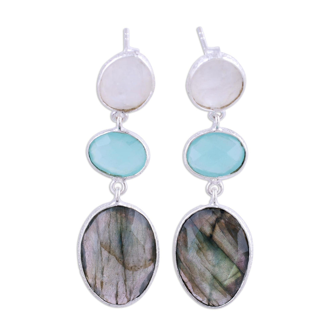 Multi Gemstone Sterling Silver Post Dangle Earrings - Majestic Trio