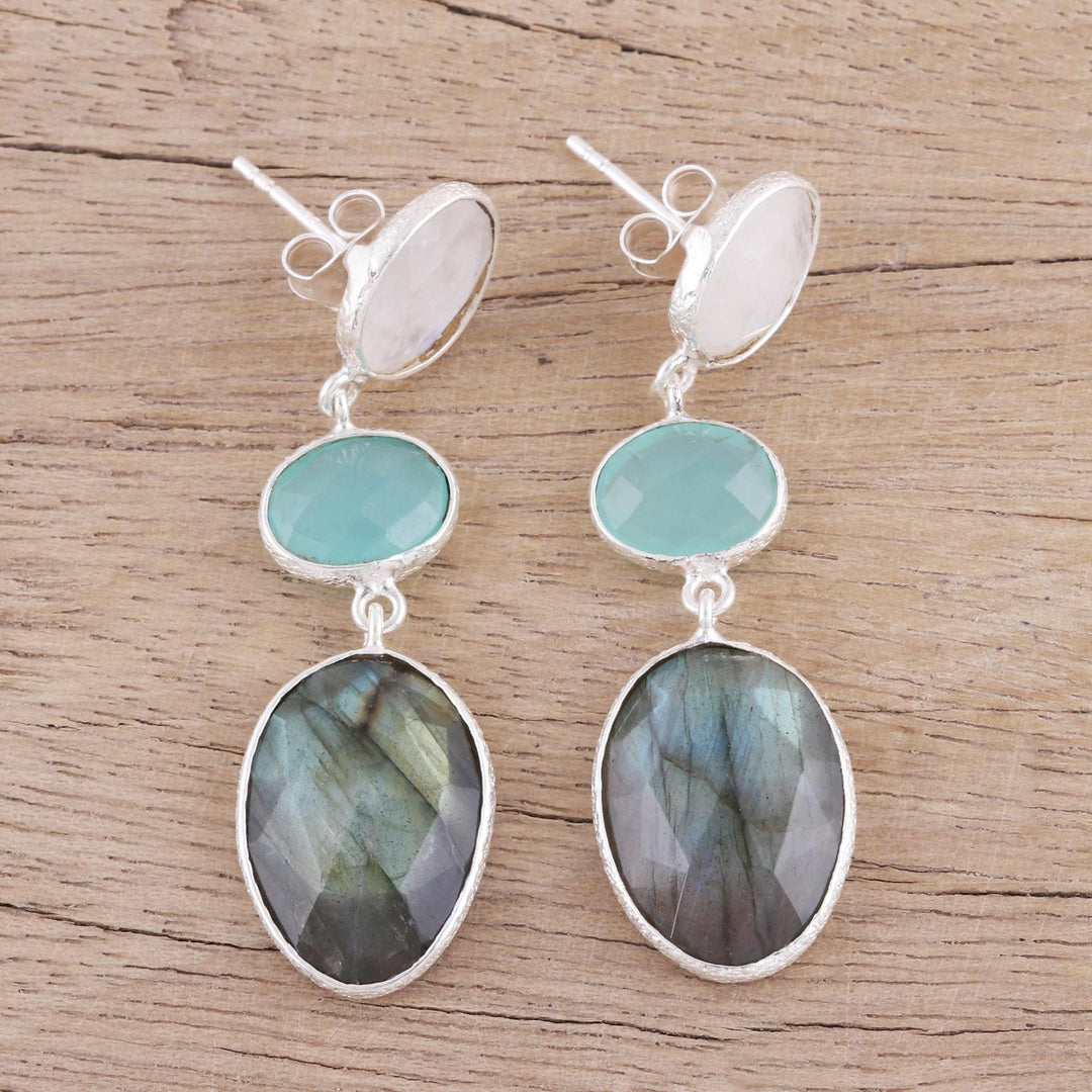 Multi Gemstone Sterling Silver Post Dangle Earrings - Majestic Trio