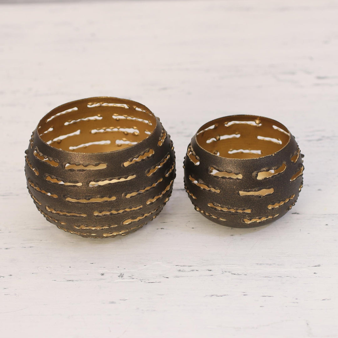 Pair of Handcrafted Steel Tealight Holders from India - Slatted Glow