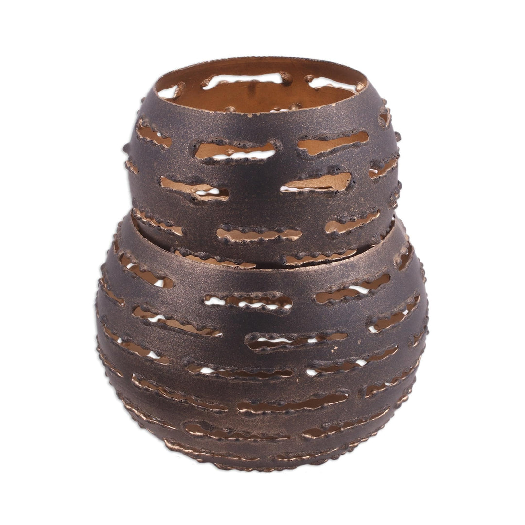 Pair of Handcrafted Steel Tealight Holders from India - Slatted Glow
