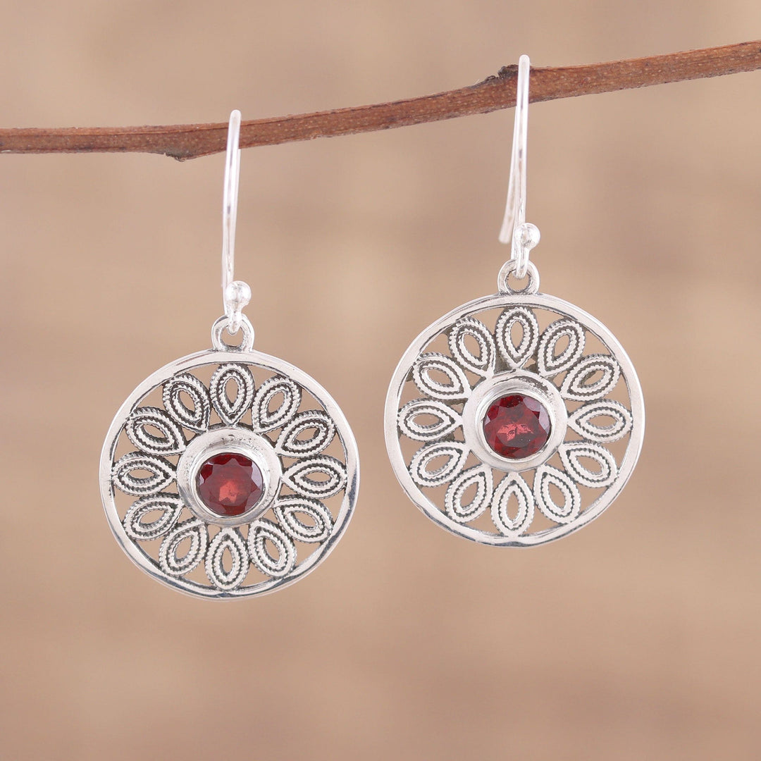 Circular Garnet and Silver Dangle Earrings - Dotted Gleam