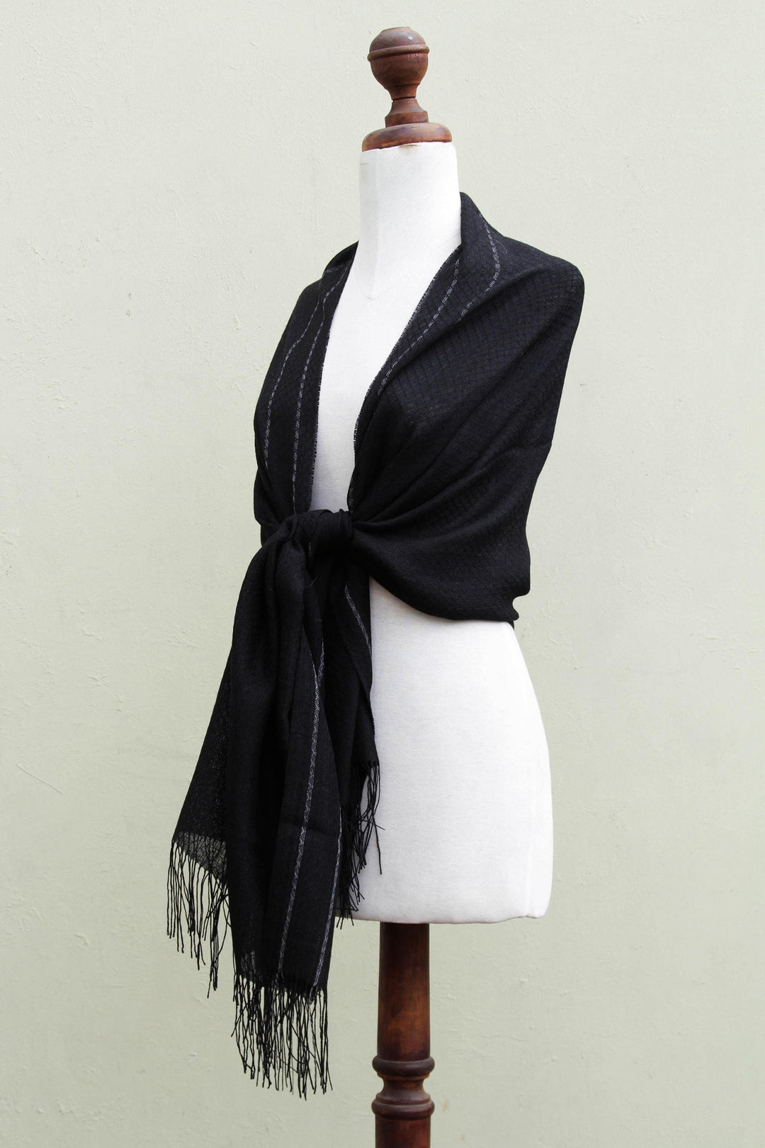 Handwoven Alpaca Blend Shawl in Black from Peru - Sensual Mystery