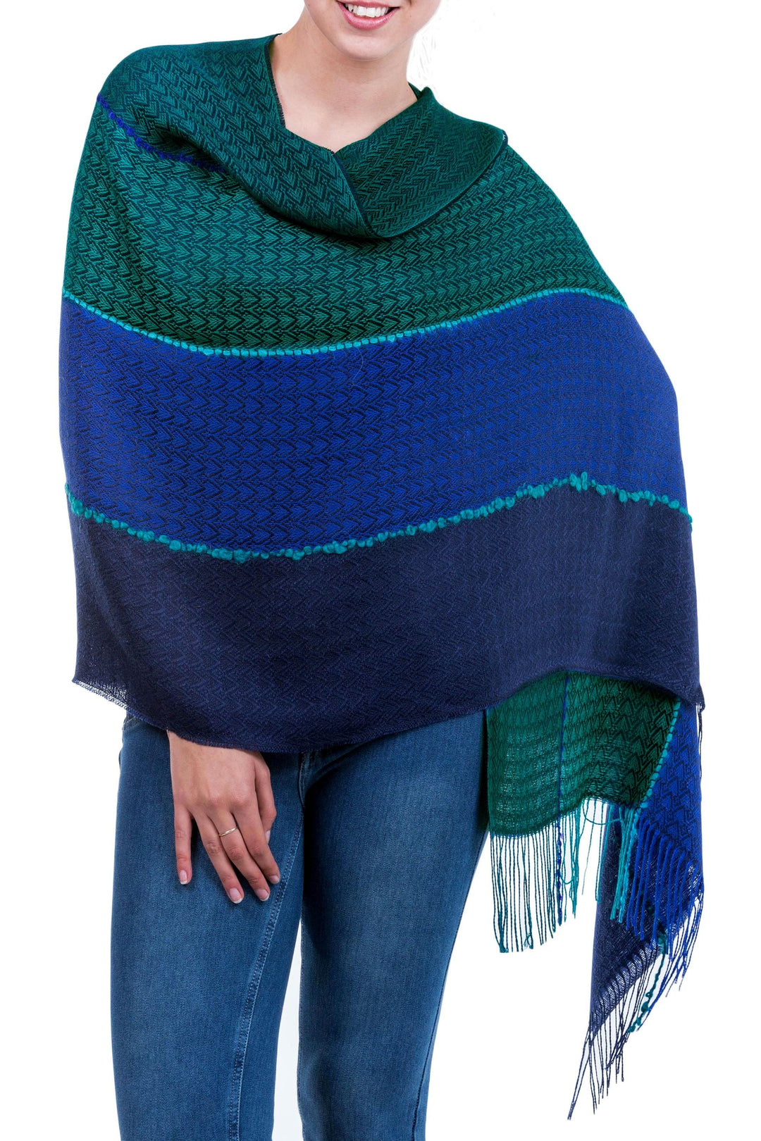 Alpaca Blend Shawl in Blue and Turquoise from Peru - Passionate Woman