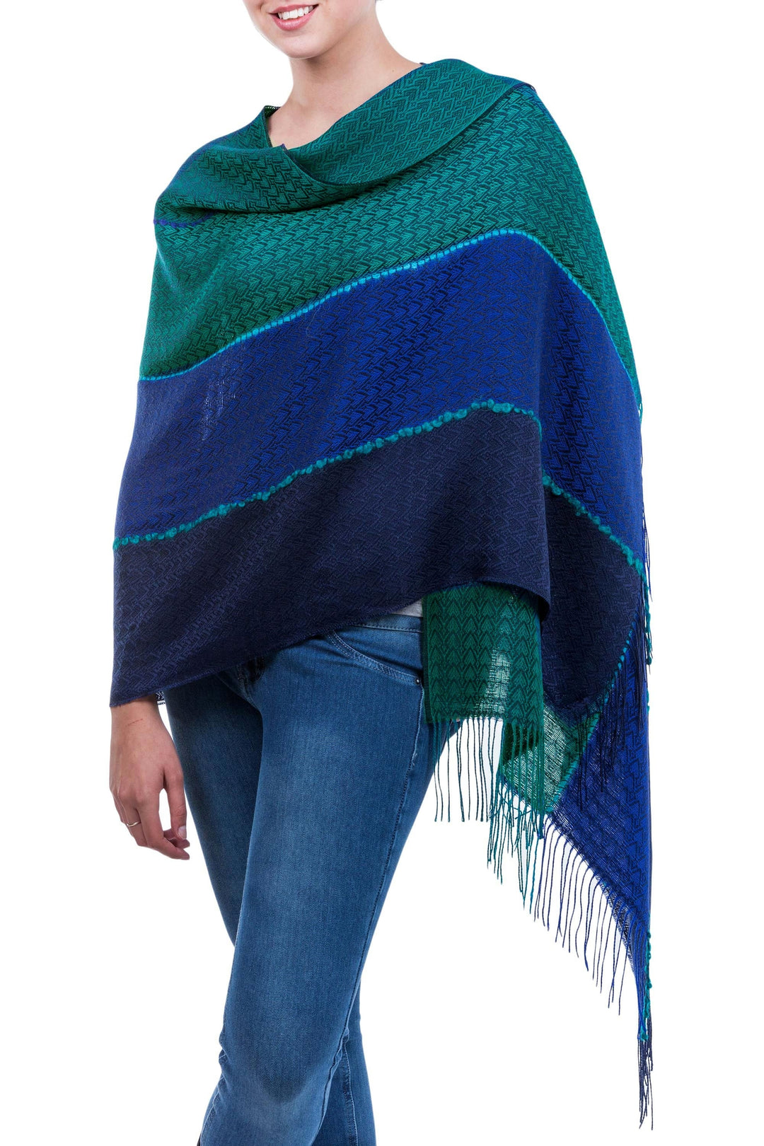 Alpaca Blend Shawl in Blue and Turquoise from Peru - Passionate Woman