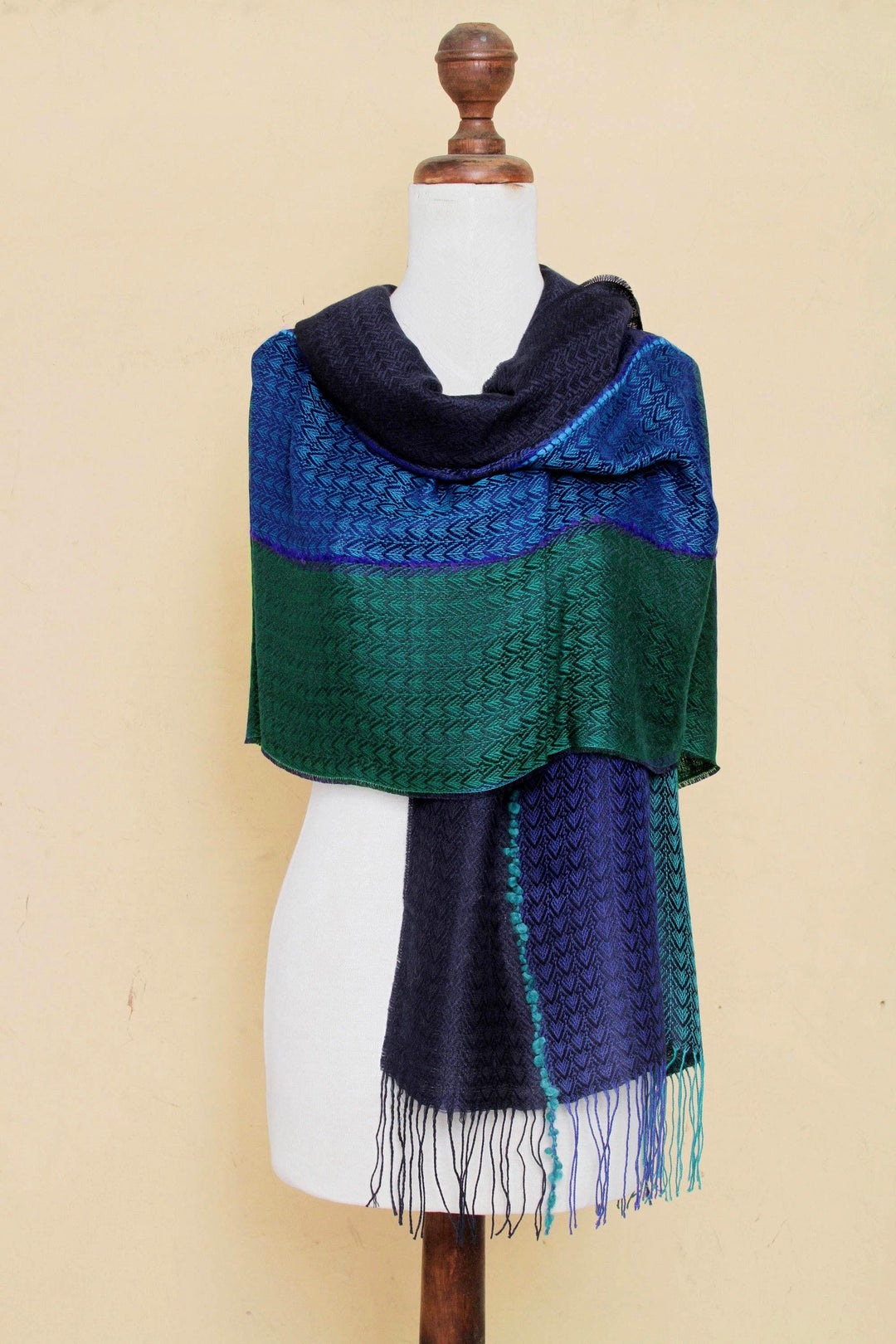 Alpaca Blend Shawl in Blue and Turquoise from Peru - Passionate Woman