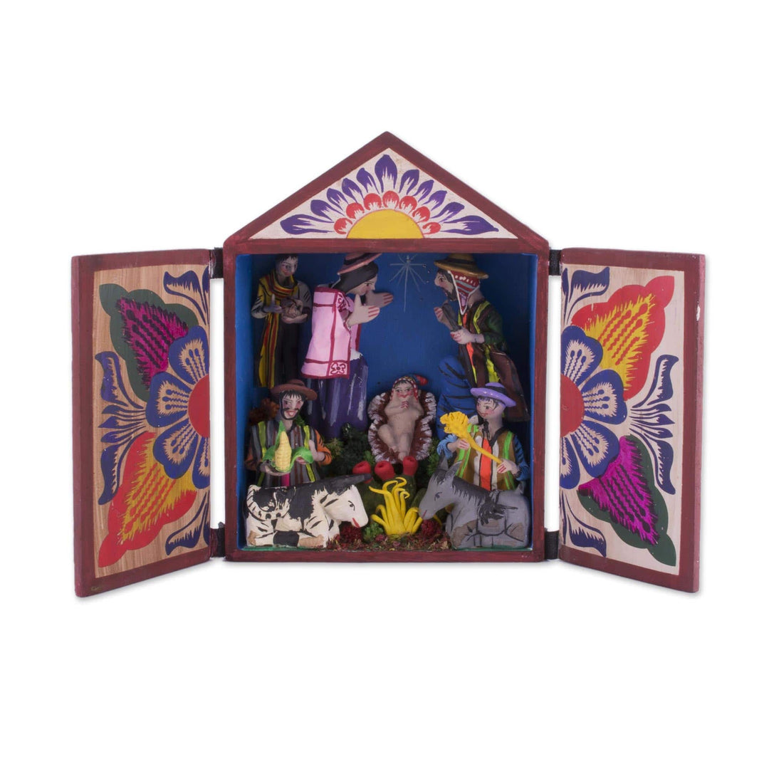 Handcrafted Wood and Plaster Nativity Retablo from Peru - Sacred Nativity