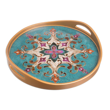 Reverse Painted Glass and Wood Turquoise Floral Round Tray - Colonial Elegance