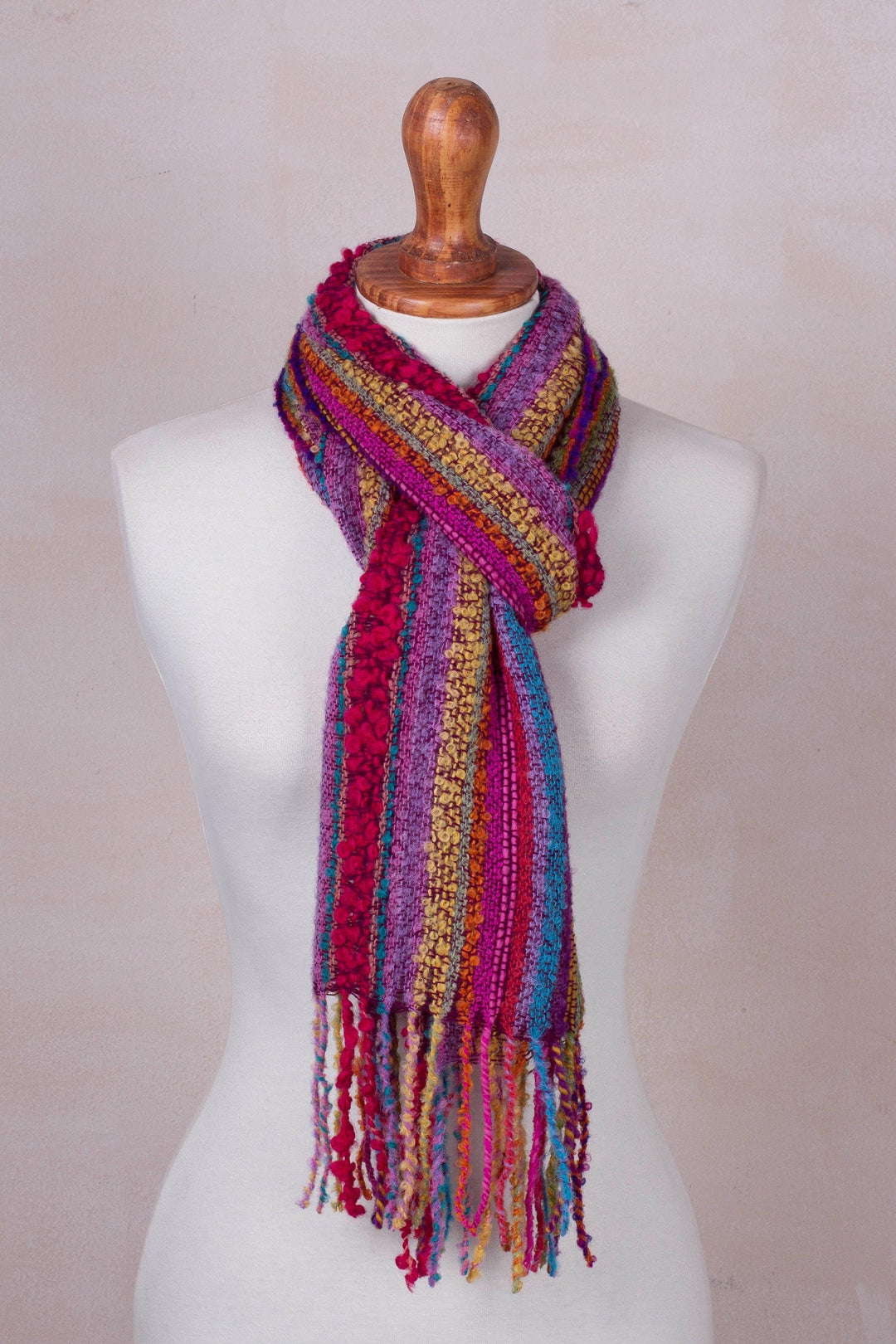 Baby Alpaca Blend Hand Woven Colorful Striped Scarf - Draped with Color