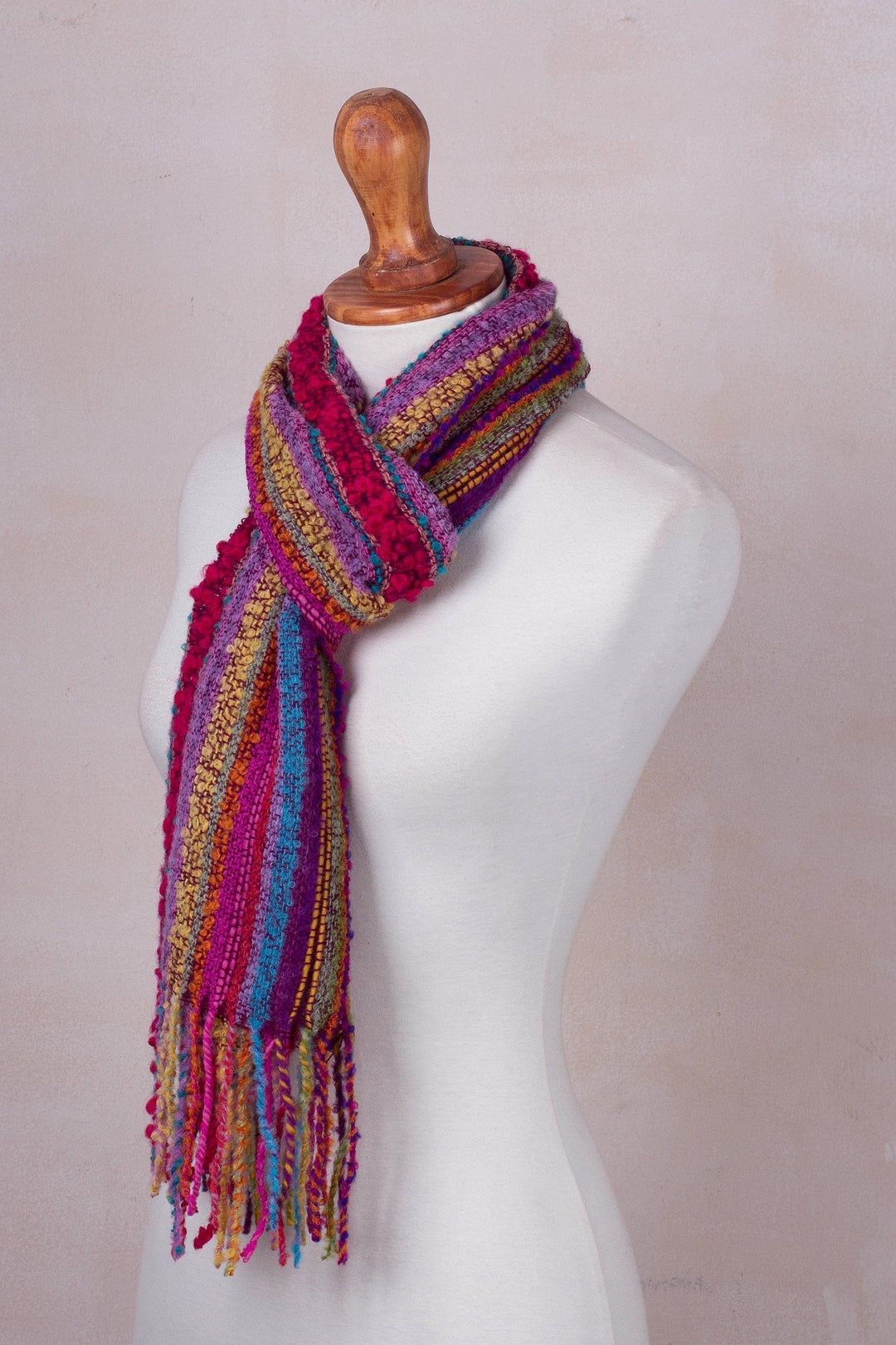 Baby Alpaca Blend Hand Woven Colorful Striped Scarf - Draped with Color