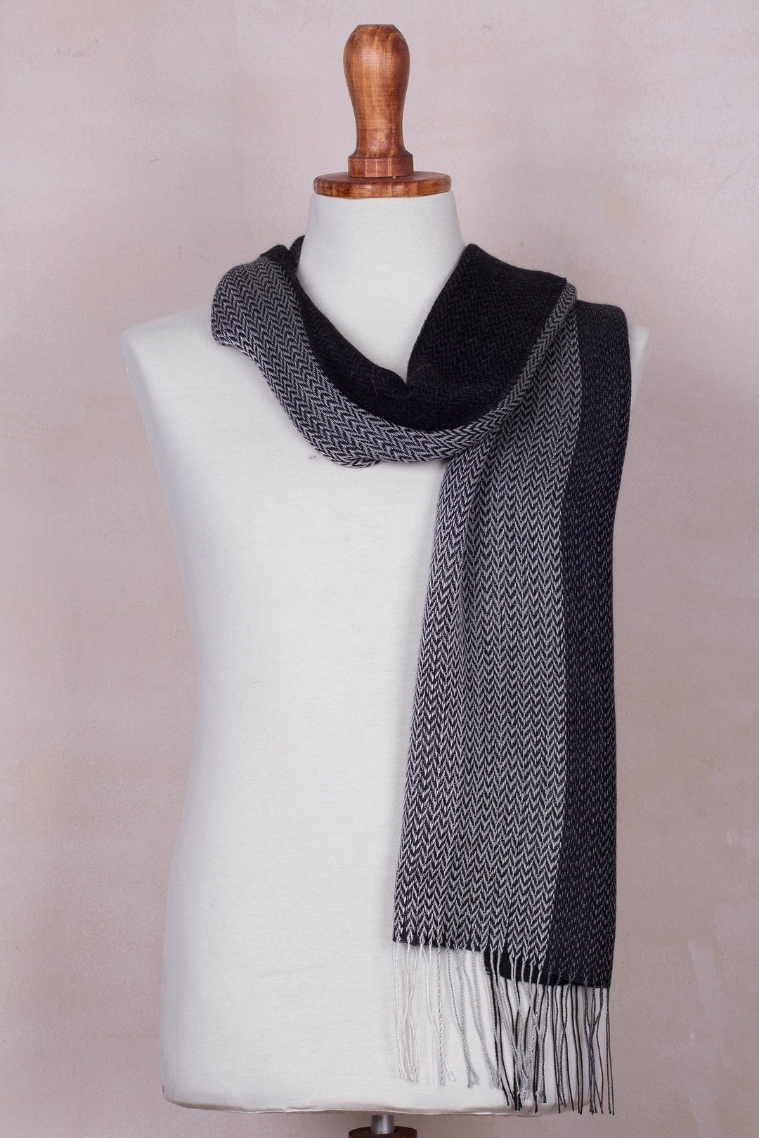 Handwoven Black and Grey Baby Alpaca Blend Scarf from Peru - Emboldened