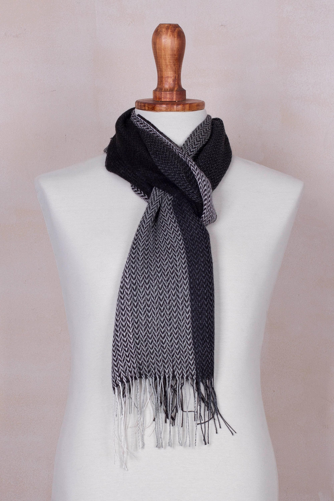 Handwoven Black and Grey Baby Alpaca Blend Scarf from Peru - Emboldened