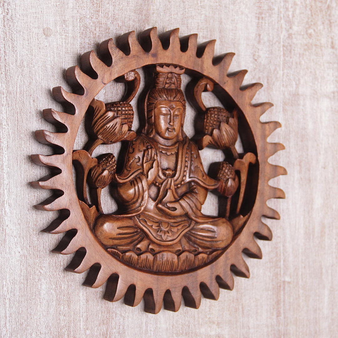 Hand Carved Suar Wood Kwan Im Wall Panel - Meditating Kwan Im