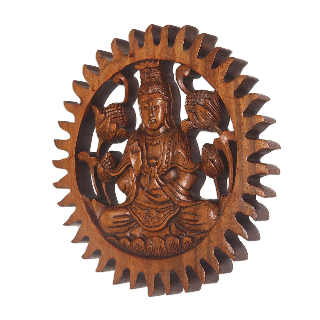 Hand Carved Suar Wood Kwan Im Wall Panel - Meditating Kwan Im