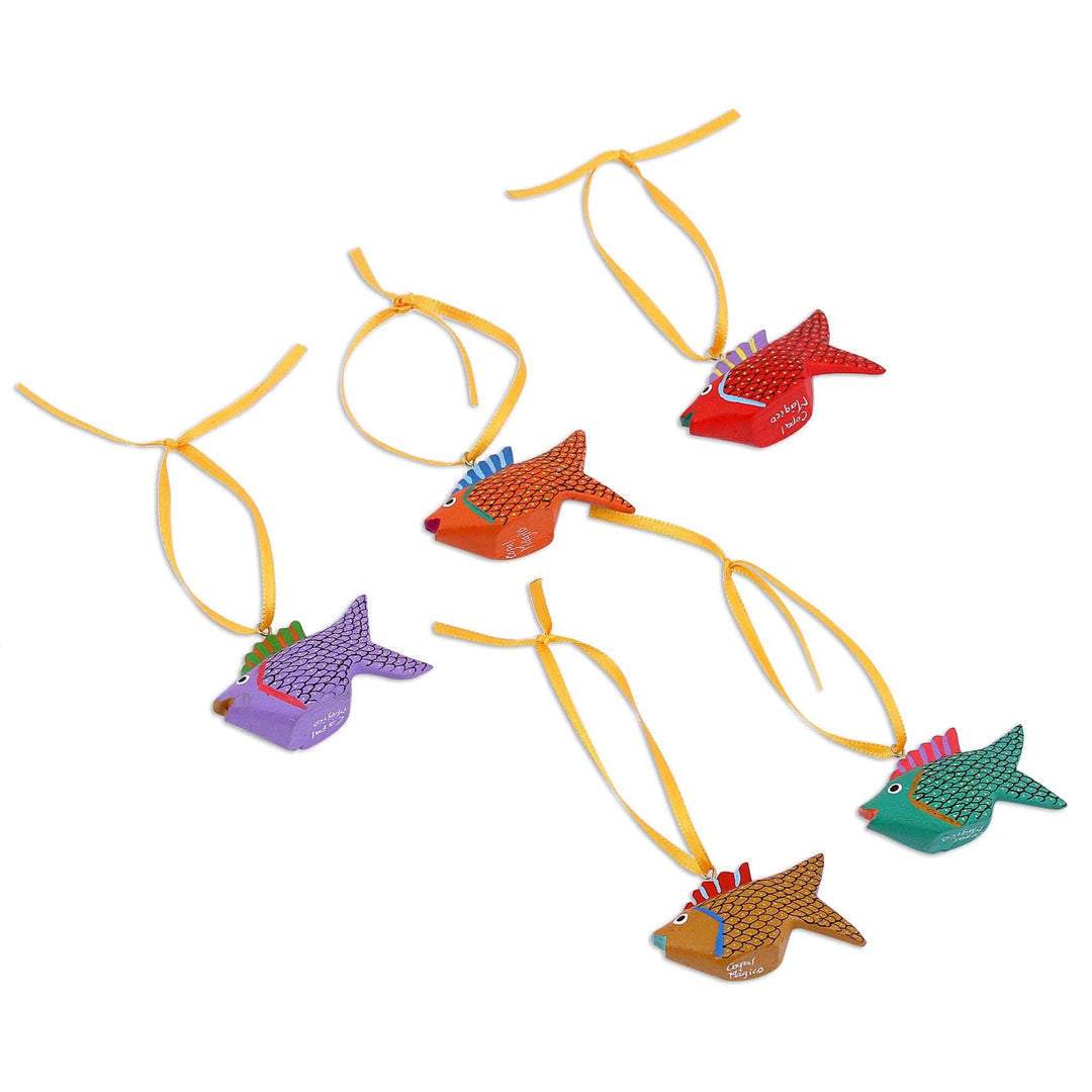 Painted Wood Alebrije Fish Ornaments (Set of 5) from Mexico - Sweet Fish
