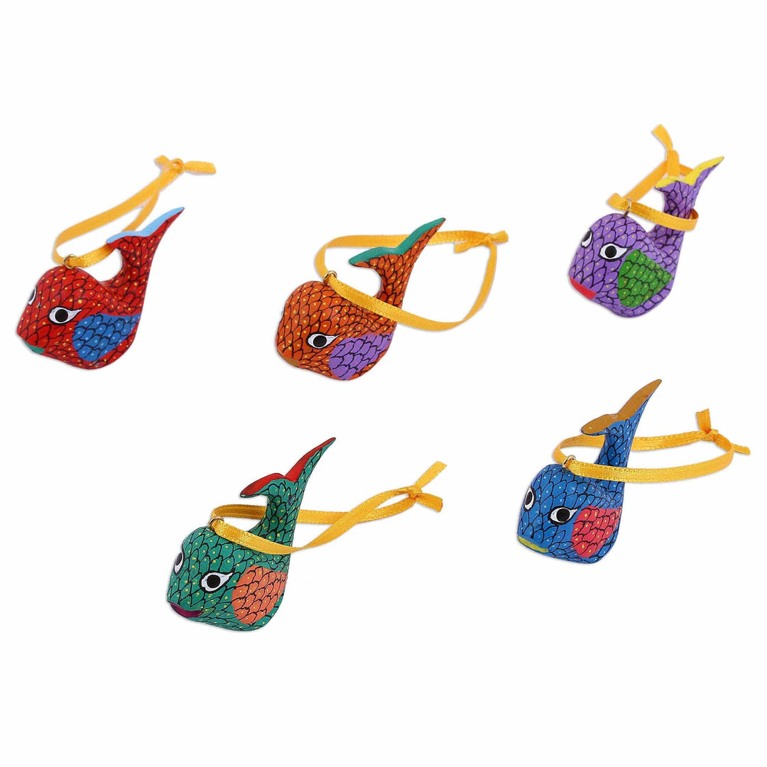 Painted Wood Alebrije Whale Ornaments (Set of 5) from Mexico - Sweet Whales