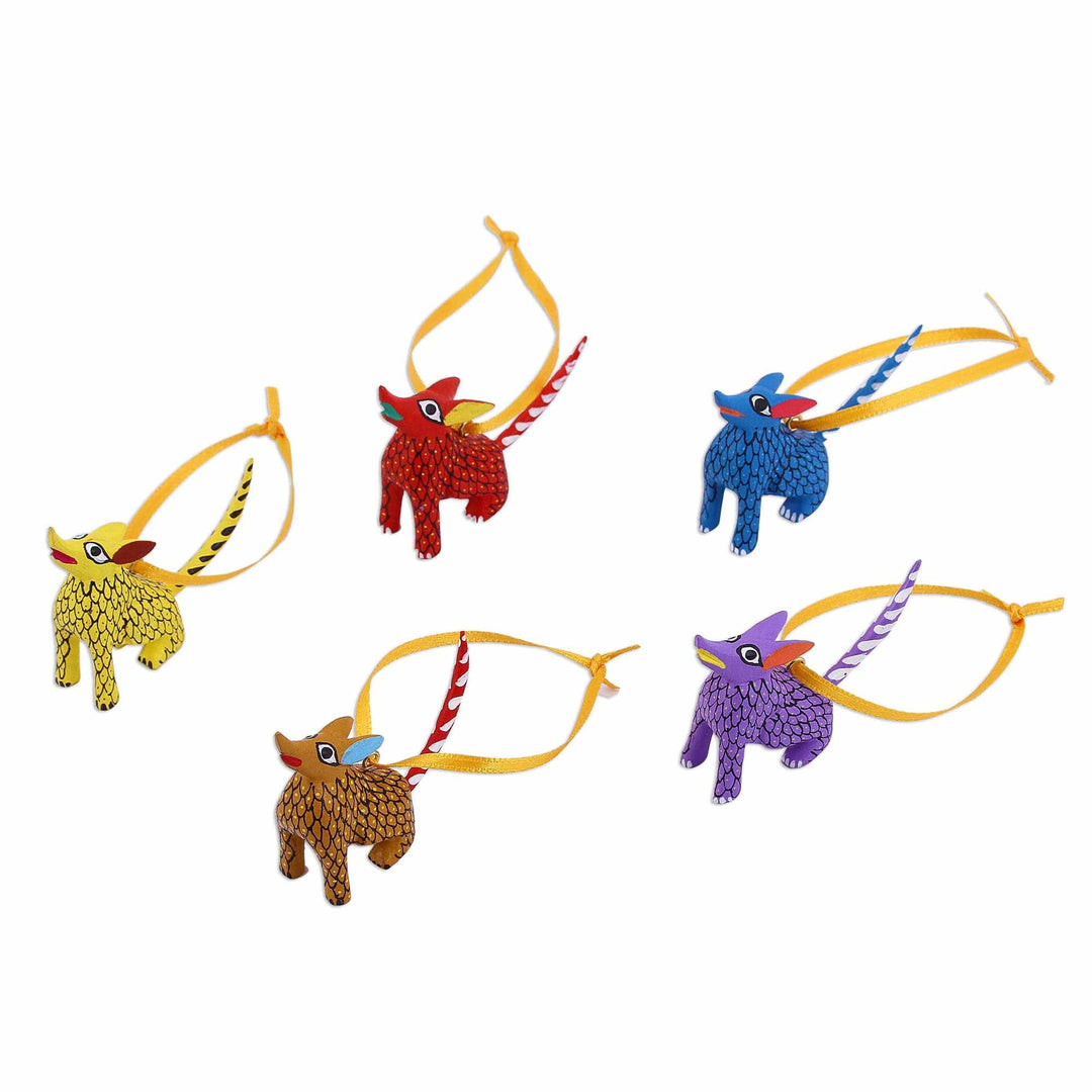 Wood Alebrije Coyote Ornaments (Set of 5) from Mexico - Sweet Coyotes