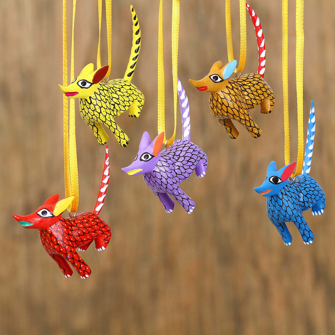 Wood Alebrije Coyote Ornaments (Set of 5) from Mexico - Sweet Coyotes