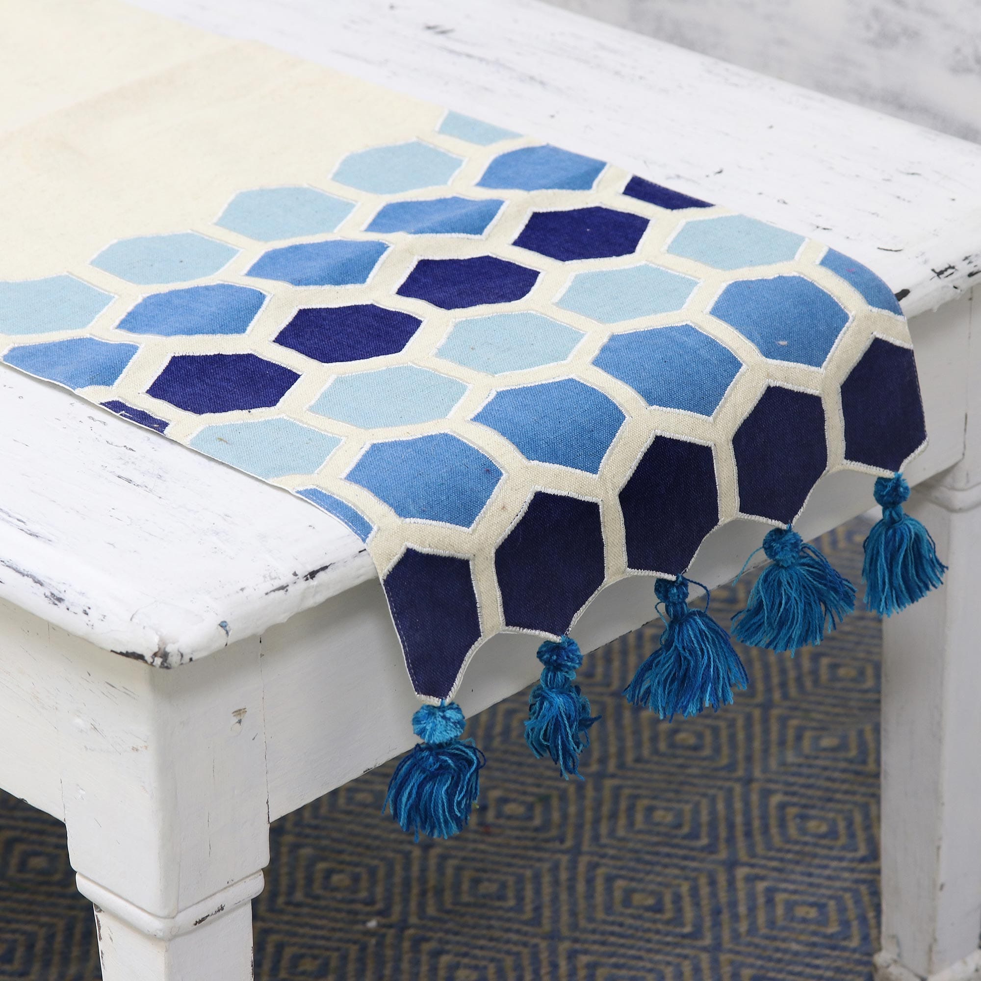 100% Cotton White and Blue Octagon Table Runner with Tassel - Blue