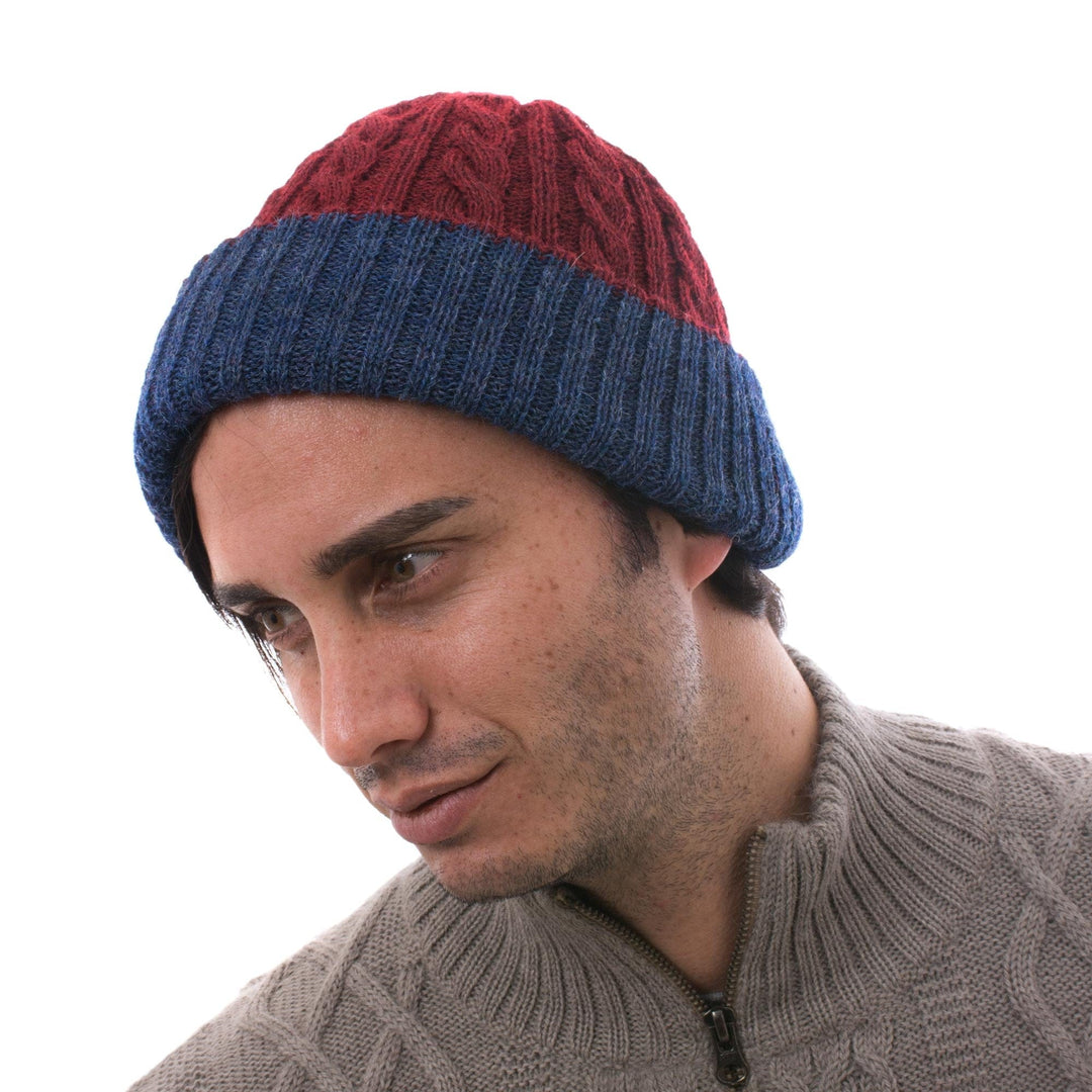Cranberry and Blue 100% Alpaca Reversible Knit Hat from Peru - Warm and Snug
