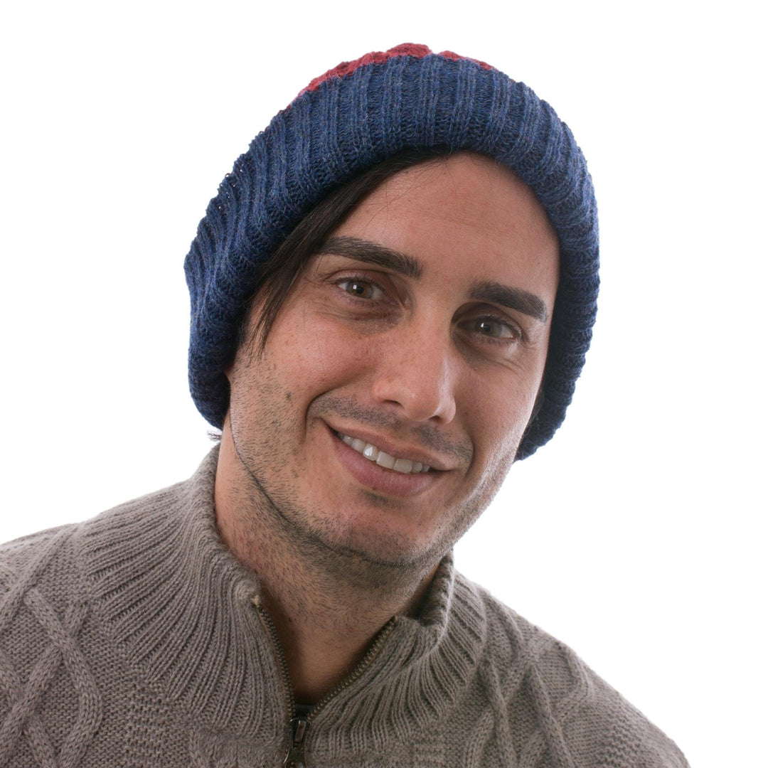 Cranberry and Blue 100% Alpaca Reversible Knit Hat from Peru - Warm and Snug