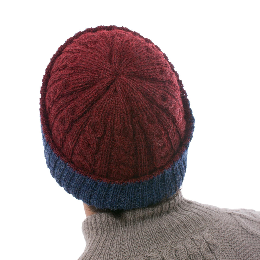 Cranberry and Blue 100% Alpaca Reversible Knit Hat from Peru - Warm and Snug