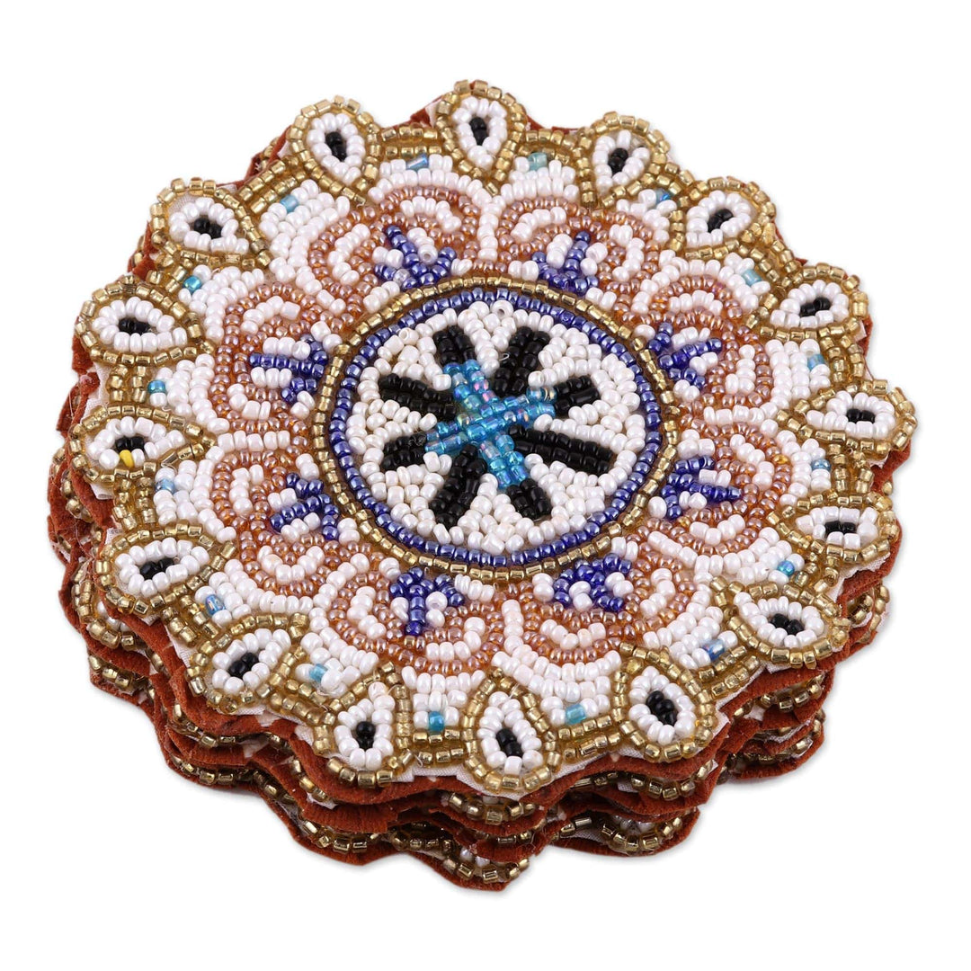 Glass Bead Round Coasters with Floral Pattern (Set of 4) - Beaded Sun