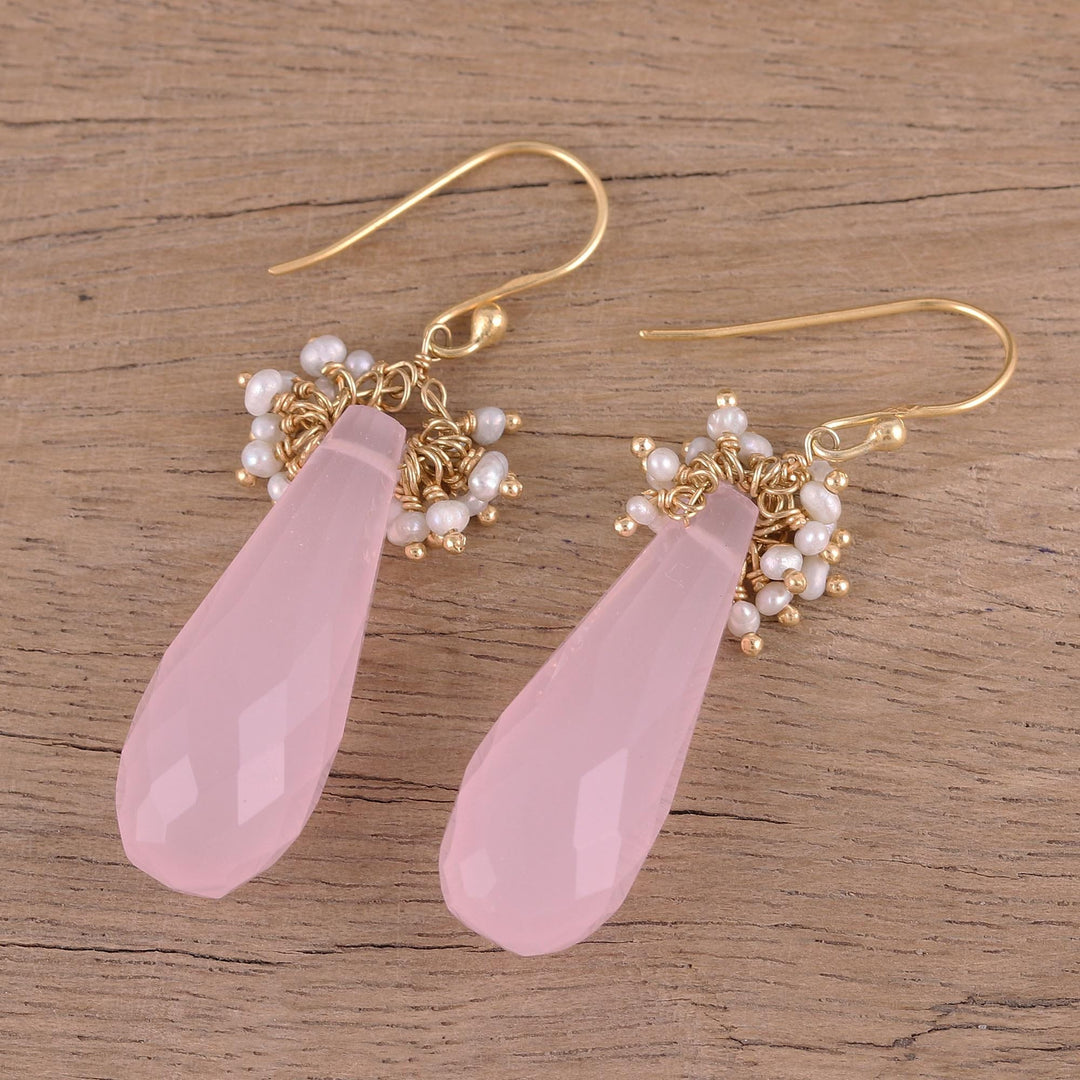 Handmade 22k Gold Plated Rose Quartz Cultured Pearl Earrings - Devoted Rose