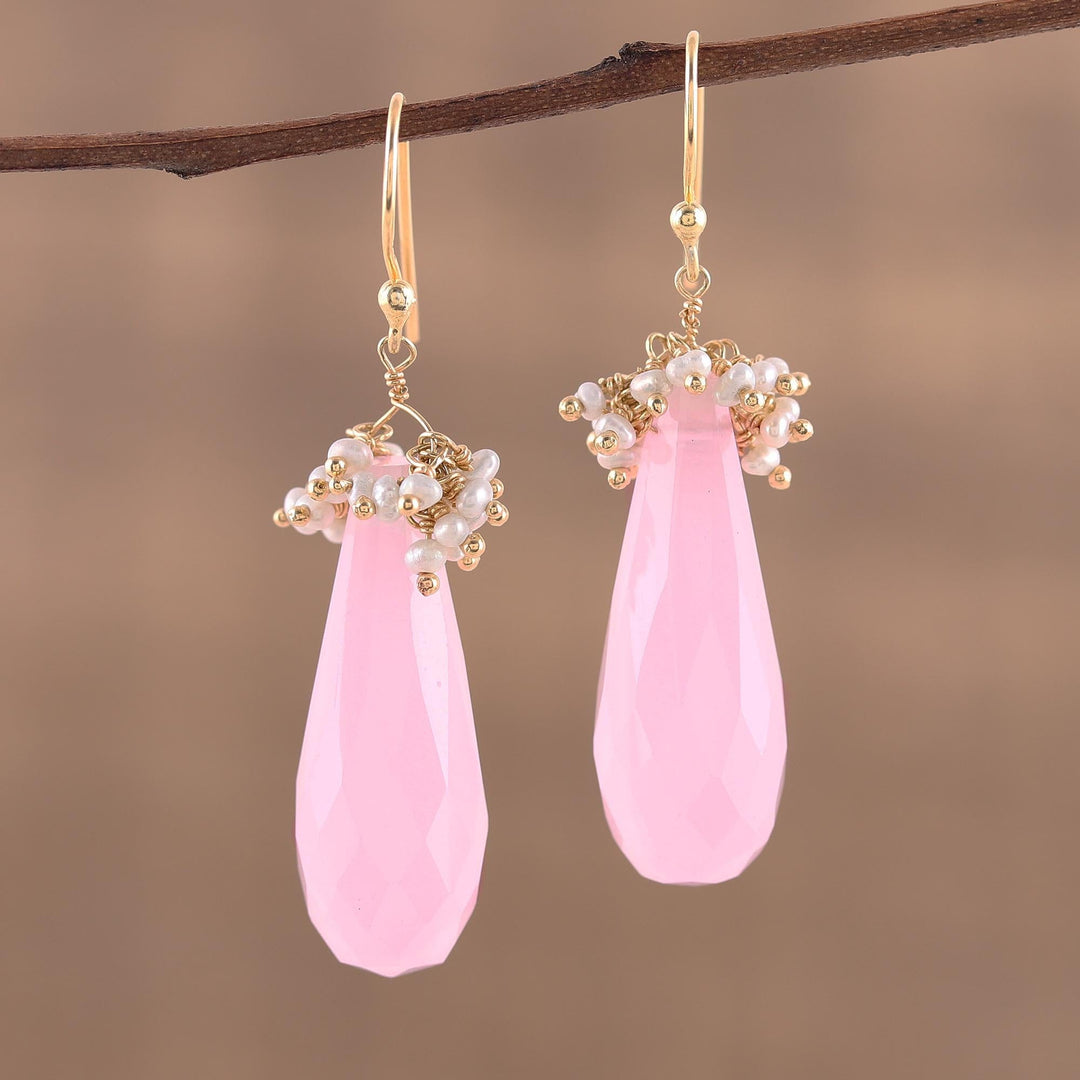 Handmade 22k Gold Plated Rose Quartz Cultured Pearl Earrings - Devoted Rose