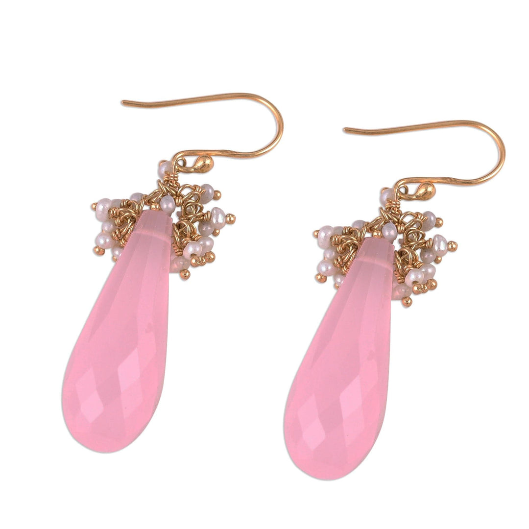 Handmade 22k Gold Plated Rose Quartz Cultured Pearl Earrings - Devoted Rose